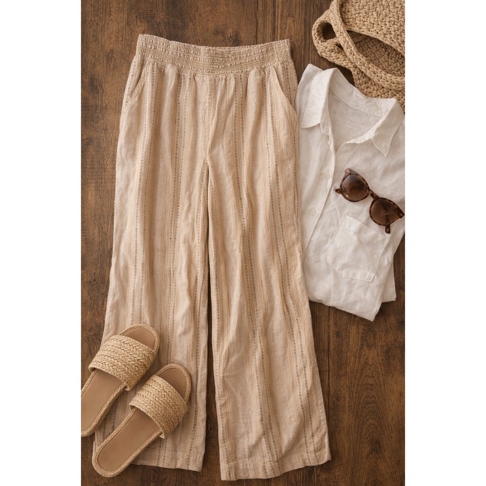 Briggs Linen Blend Pants Womens M Neutral Tan Striped Wide Leg Boho Coastal